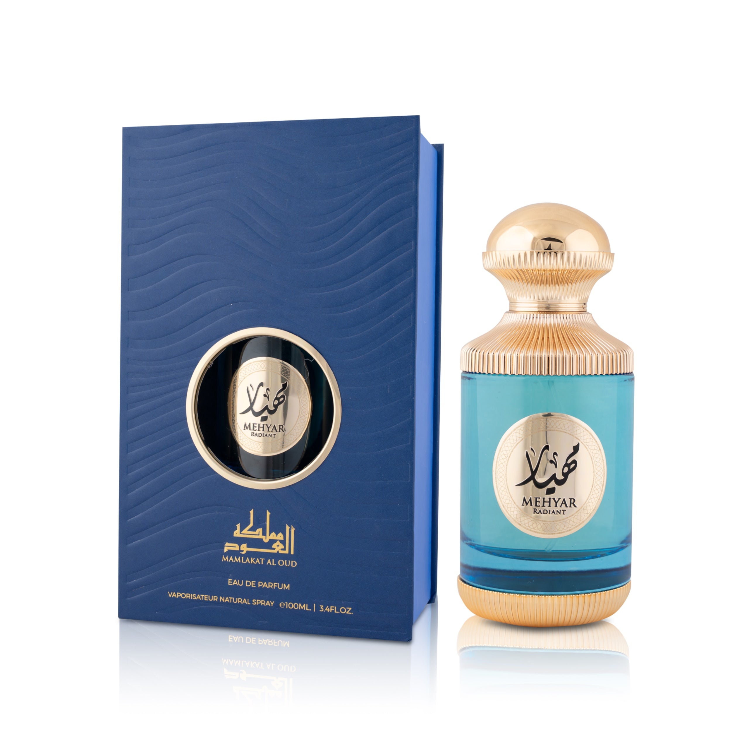 Mamlakat Al Oud Mehyar Radiant Perfume bottle and packaging with gold and blue design on a white background