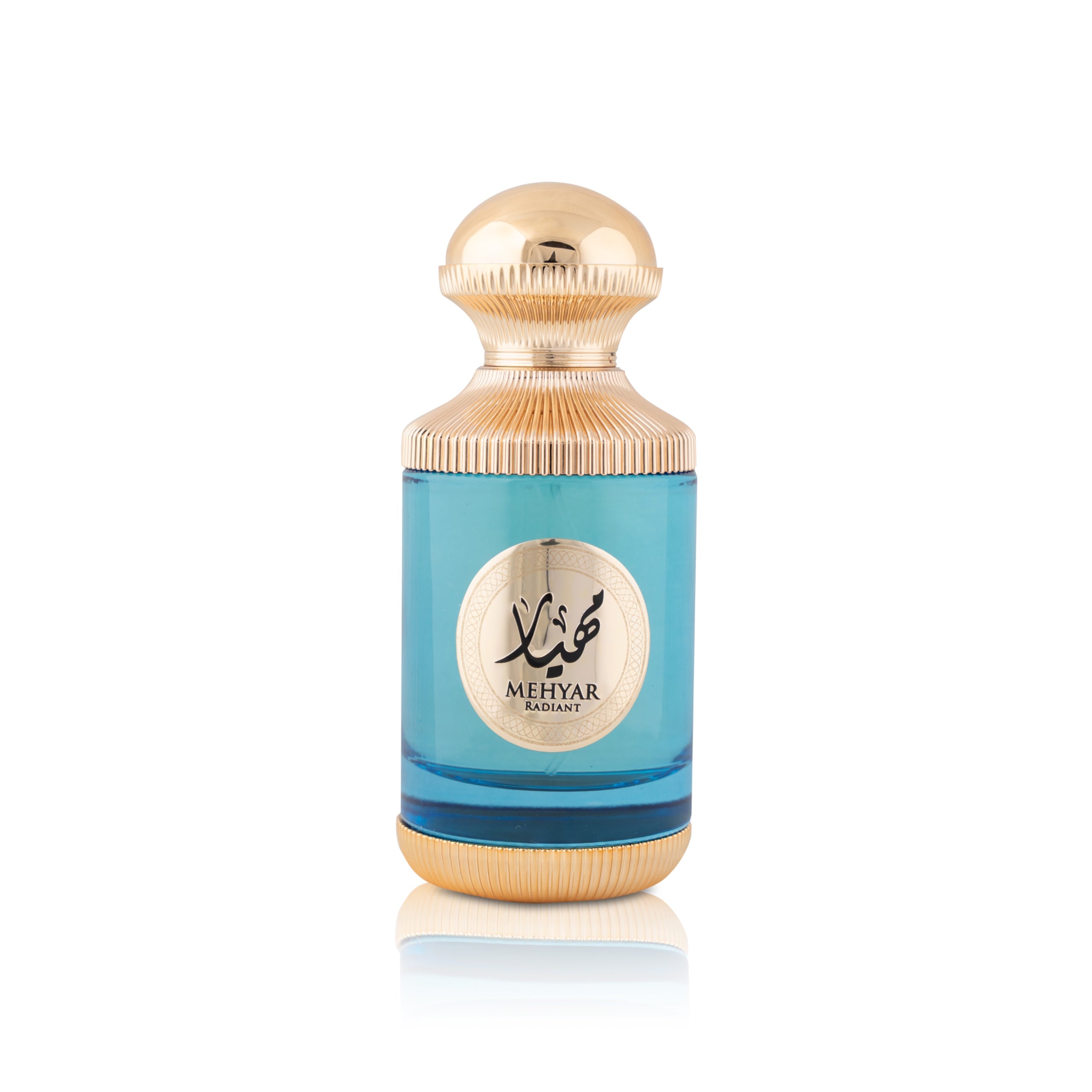 Perfume bottle with gold cap and blue label on a white background