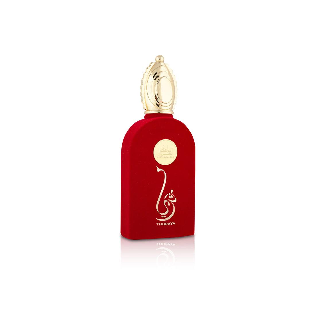 Thuraya Red MAMLAKAT ALOUD perfume bottle featuring bold oud